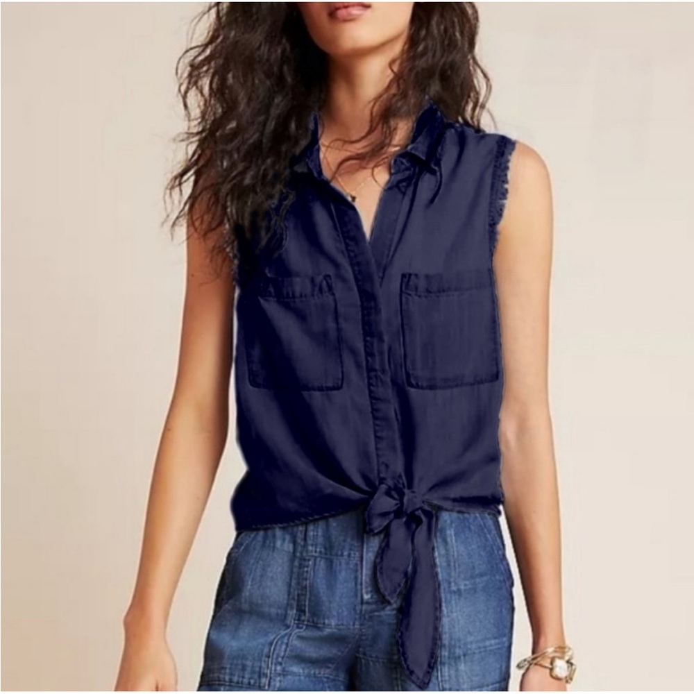 Cloth & Stone Navy Blue Linen Sleeveless Fringe Button Down Tie Waist Blouse M - Picture 2 of 10